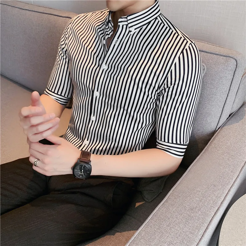 2023 Quality Business Formal Wear Men Striped Shirts Dress Tuxedo Short Sleeve Shirts Simple Slim Fit Casual Chemise Homme S-4XL
