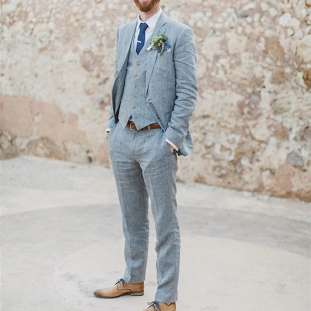 

Custom Made Men Suits Groom Tuxedos Blue Linen Groomsman Suit Summer Suits Blue Suits for Wedding Wear(Jacket+Pants+Vest)