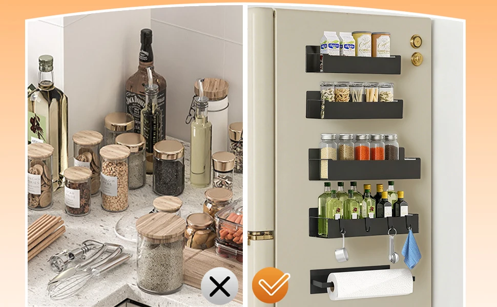 4-teiliger magnetischer Kühlschrank-Organizer, magnetisches Regal mit 1 Papierhandtuchhalter und 4 Haken, für Gewürzorganisation, Schwarz/Weiß – Detail 2