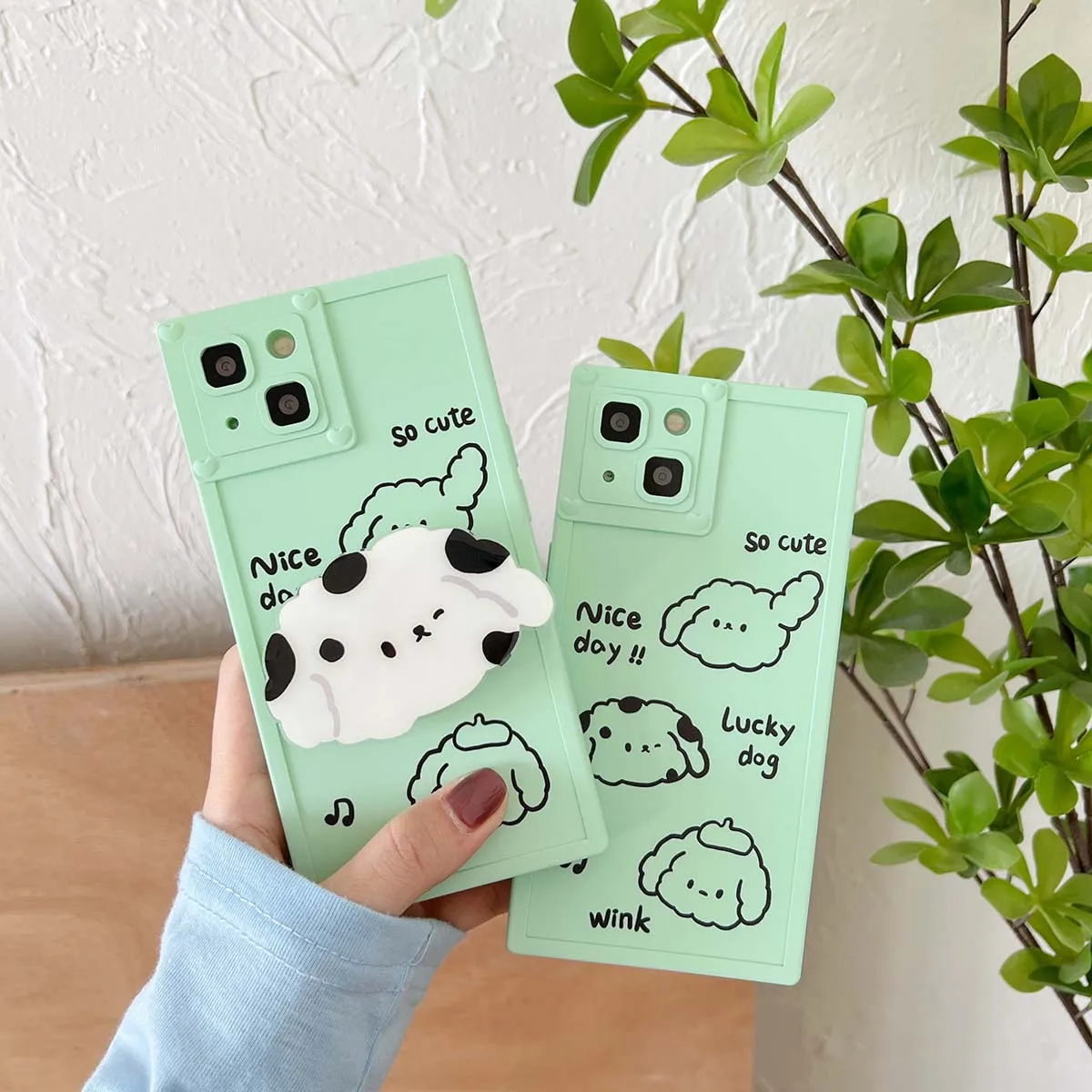 

Cartoon Cute Puppy Silicone Square Protective Case for iPhone 11 12 13 14 XS Pro Max Full Coverage Soft Phone Case With Holder