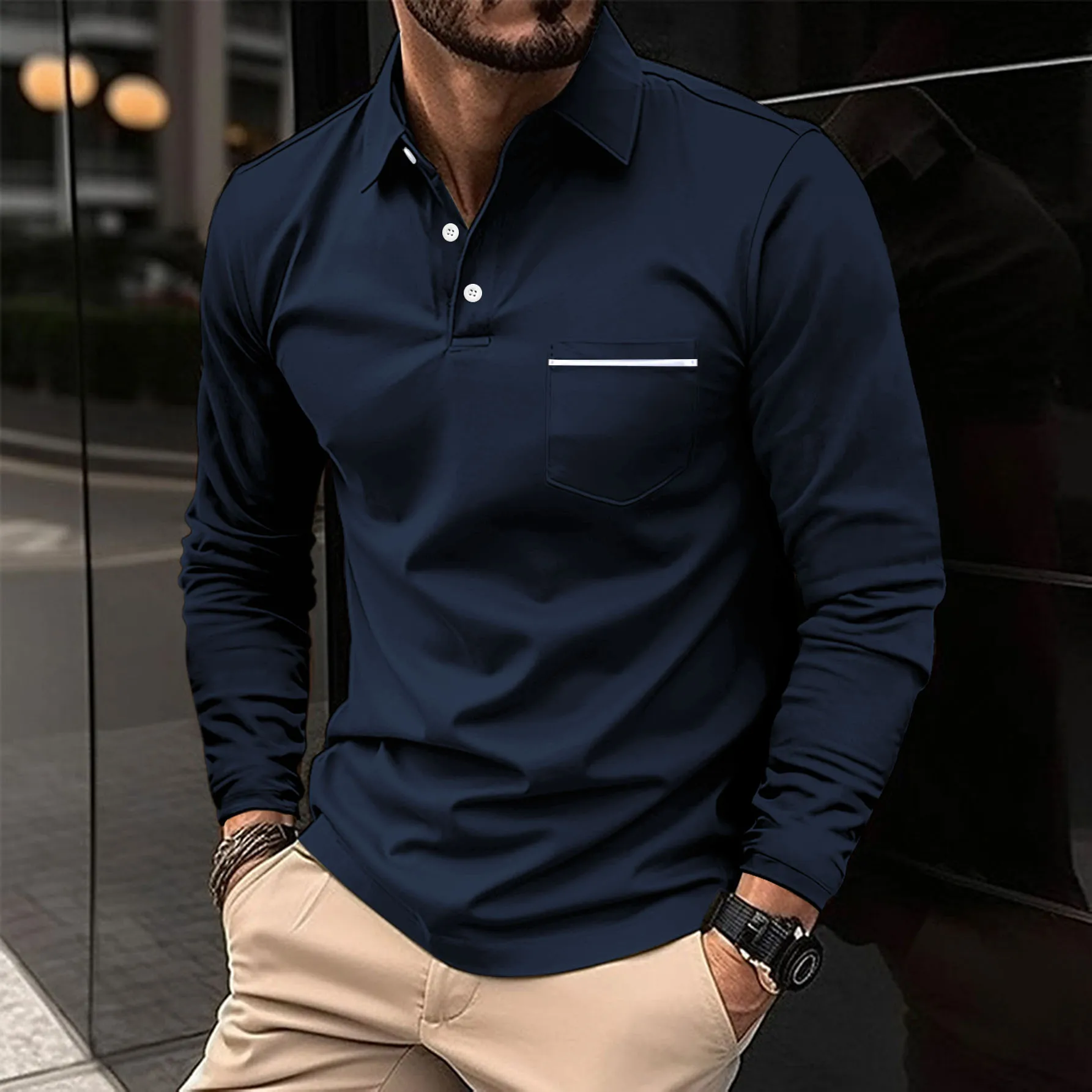 Spring Autumn Men's Business Casual Pocket Polo Long Sleeve T-shirt Comfortable and Breathable Solid Top 2024 New