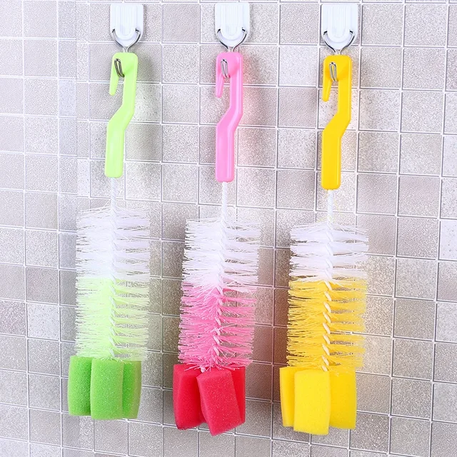 Brosse multifonctionnelle pour biberon avec Long manche, brosse de nettoyage en éponge pour cheveux fins, outil de nettoyage de tasse de vaisselle domestique Bab 2