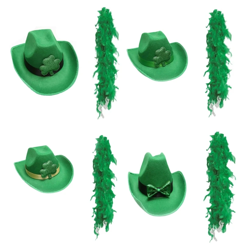 

StPatrick Day Cowboy Hat with Scarf Shamrock Hat Irish National Day Celebration Party Flat Top Hat Carnival Accessories