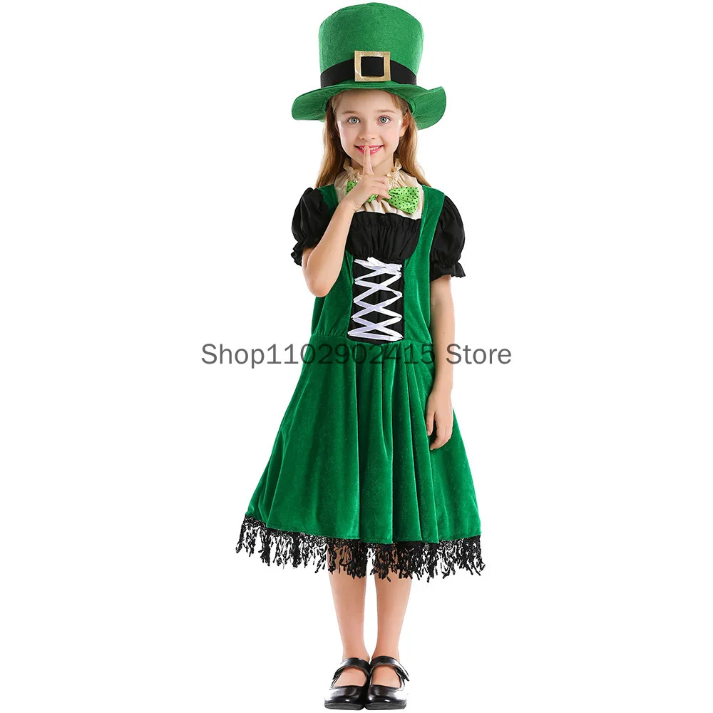 

New Girls Irish Tradition St.Patrick Day Costume Dress Kids Green Leprechaun Elf Cosplay Festival Outfit Carnival Party Dress Up