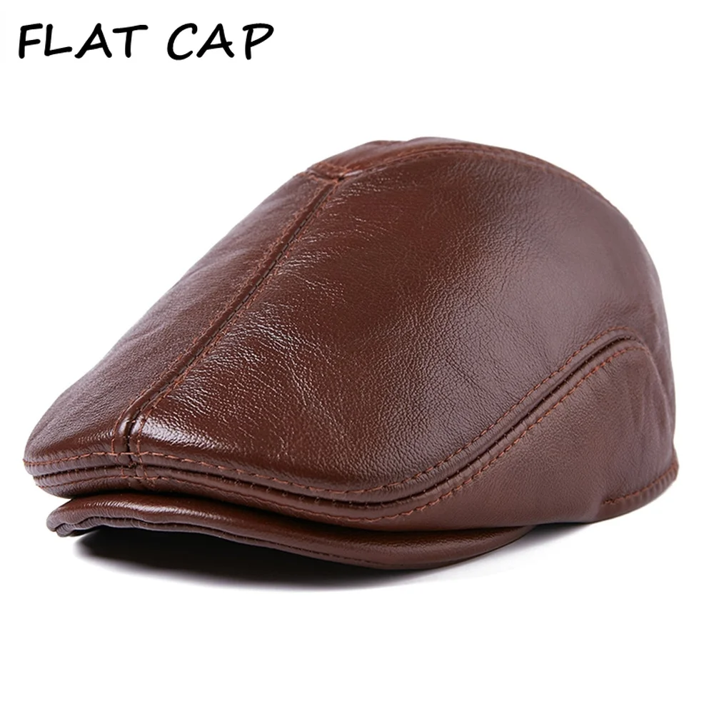 

FLAT CAP Winter Hats For Men Genuine Leather Berets Duckbill Male Real Leather Cowskin Warm Big Size XL Cabbie Driving Caps