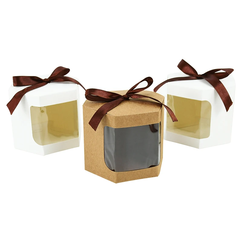 5Pcs Hexagon Kraft Paper Gift Boxes with Transparent Window, Brown and White Dessert Pa... - SKU HKGB1923 - UGI Packaging