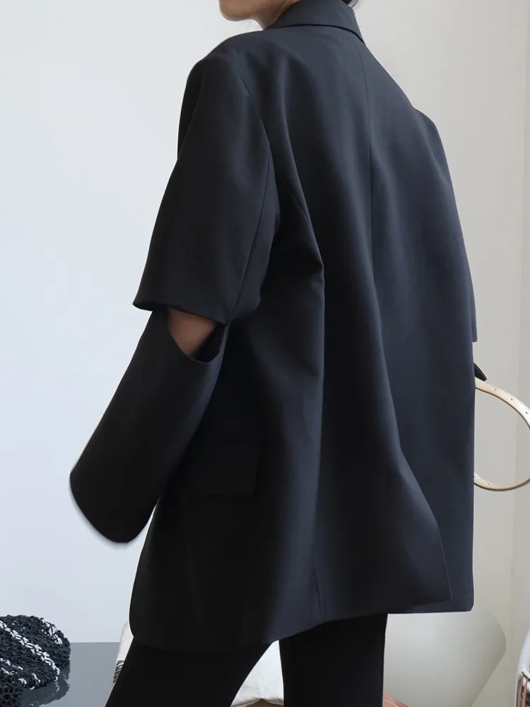 [LANMREM] Fashion Designer Split Spliced Black Blazer For Women Notched Single Breasted Loose Tide Jackets 2024 Spring New