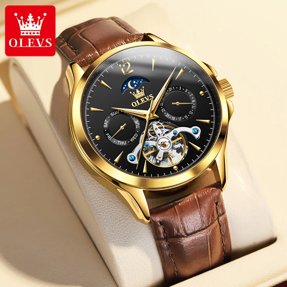 

OLEVS Automatic Mechanical Watch Moon Phase Calendar Week Hollow out Men's Watches Leather strap Stainless steel Waterproof