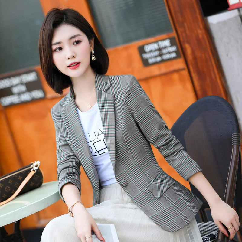 Plaid Styles Gray Black Single Button Ladies Blazers Women Sale Spring Autumn Women Suit Jacket Blazer Femme Office Tops Coats