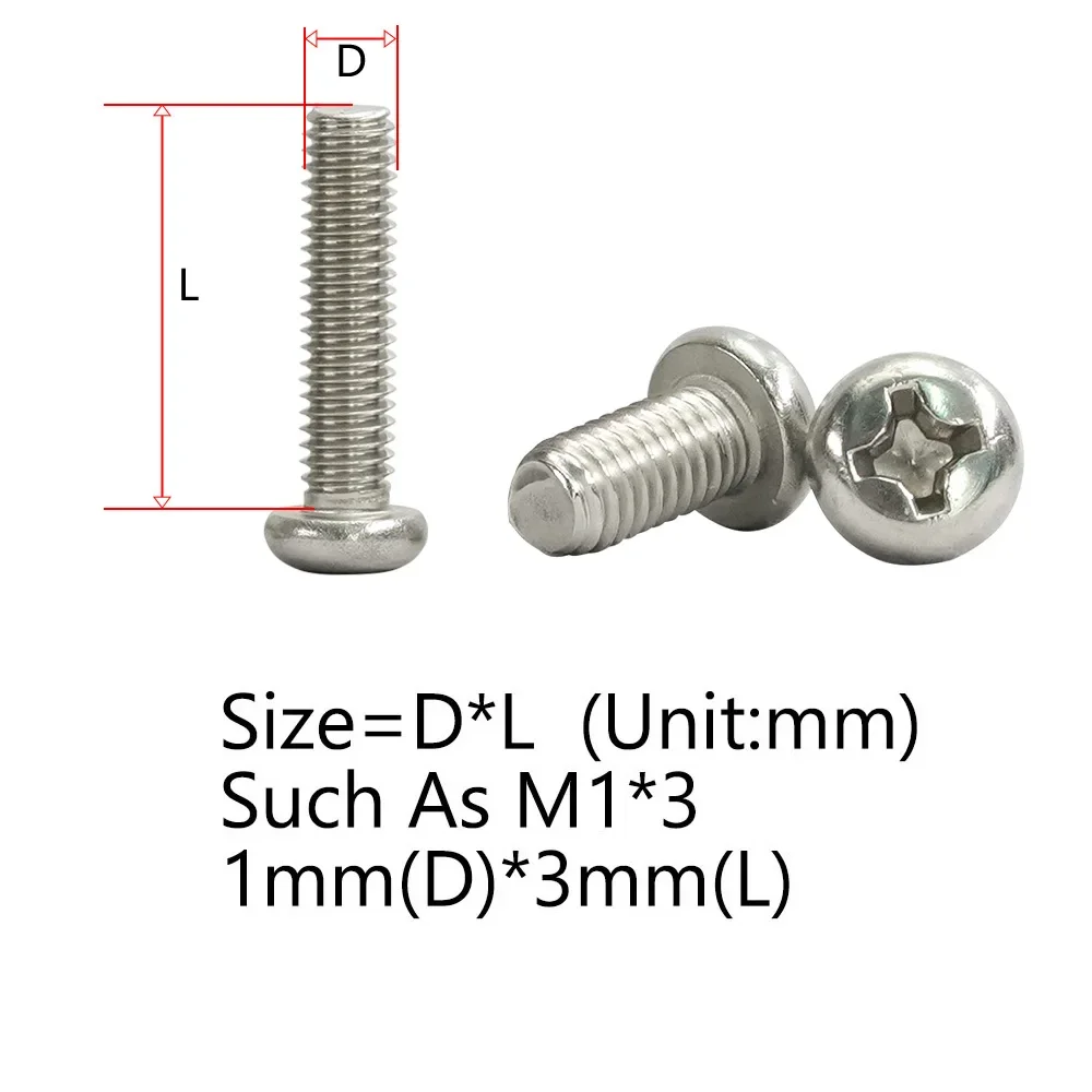 M1 M1.2 M1.4 M1.6 M2 Phillips Pan Small Screws Sunglasses Metric Thread Eyeglass Watch Bolt 304 Stainless Steel Spectacle Screw