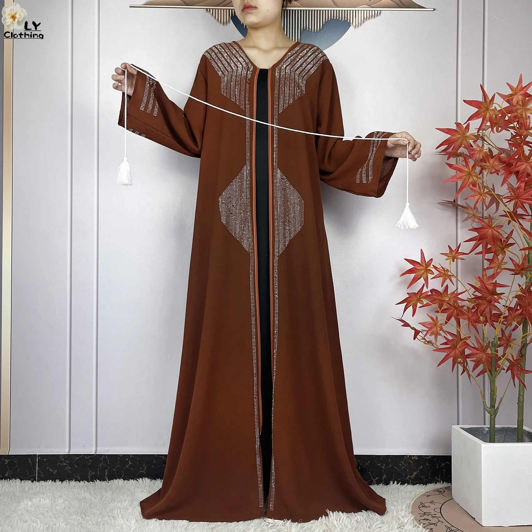 2024 Muslim Abaya For Women Long Sleeved Chiffon Diamonds Loose Fit Femme Robe Islam Maxi Dubai Fashion Party Dresses With Scarf 3