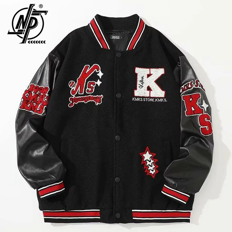 

Bomber Jacket Men Women Hip Hop Loose Casual Letter Flocking Patchwork Coat Unisex Embroidery Varsity Baseball Outwear 2023