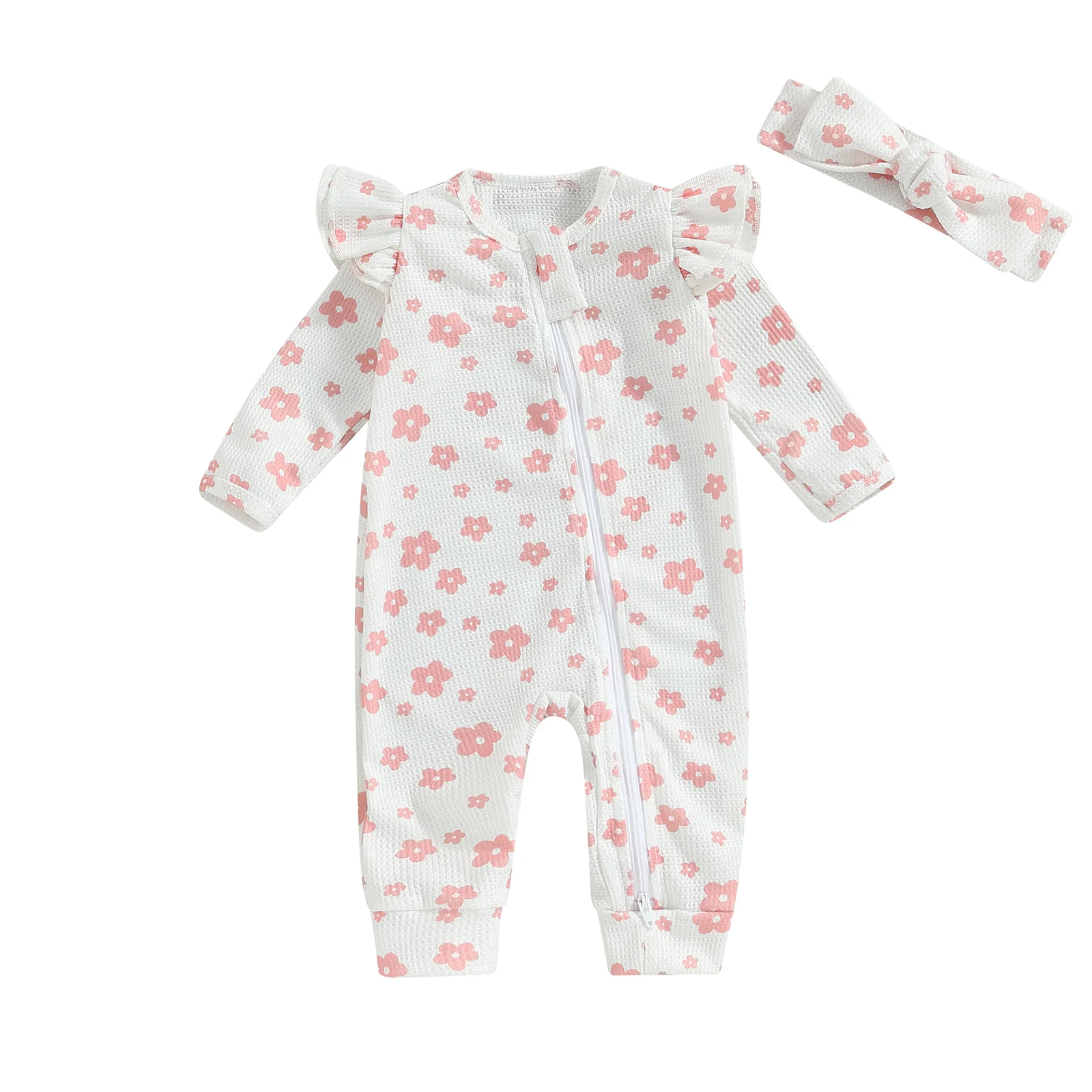 

Baby Girls Autumn Casual Floral Jumpsuit Long Sleeve Crewneck Ruffle Oblique Zipper Romper with Headband