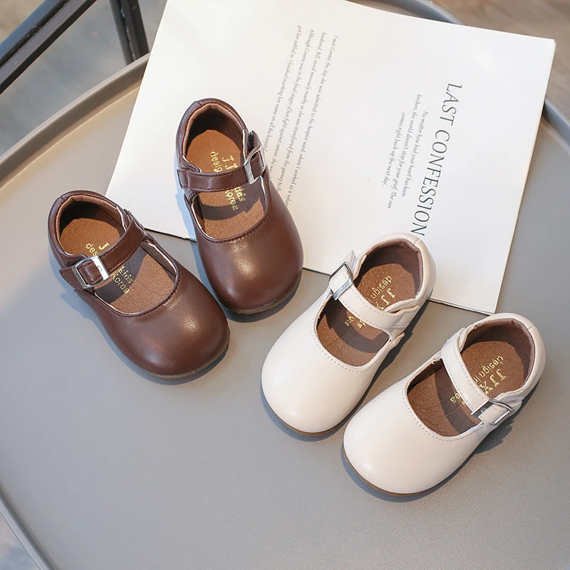 Children's Small Leather Shoes Size 21-30 Four Seasons Beige Boys Girls Shoes Brown Simple Versatile Kids Baby Single