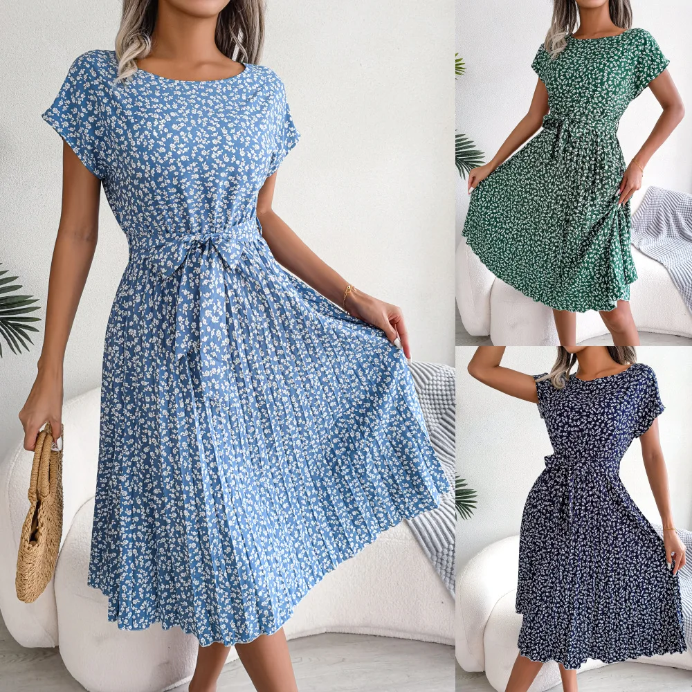 

2023 Fashion Floral Pleated A Line Long Dress Women Spring Summer Short Sleeve High Waist Chic Dress QY1007