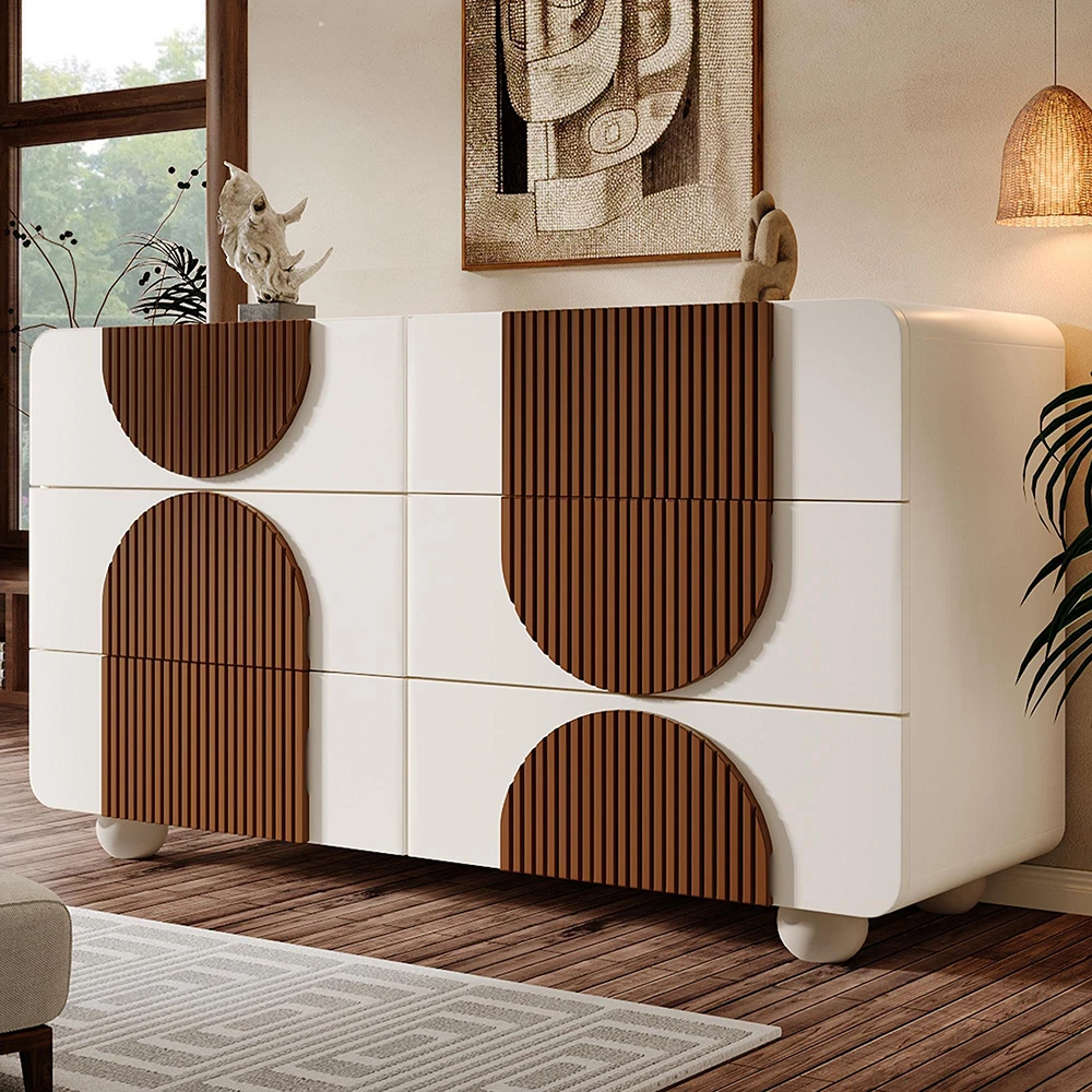 KOMHTOM Kommode Sideboard mit 6 Schubladen Weiß - Geschwungenes Design, Leise Schiebe-Schubladen & Kippsicherung – Detail 2