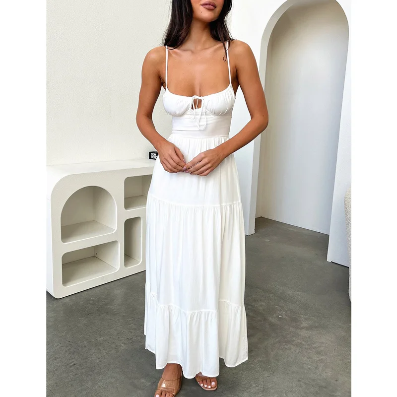 

Spaghetti Strap Dresses Women 2000s Summer Solid Color Tie Up Sleeveless Backless Tiered Ruffle Dress Going Out Party Dresses