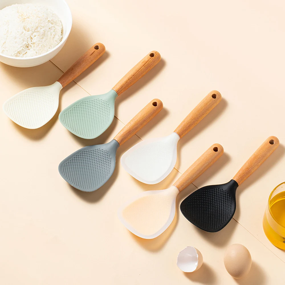 1Pcs Wooden Handle Silicone Rice Spoon Non-stick Electric Rice Cooker Food Grade Shovel Spoon Standable for Kitchen