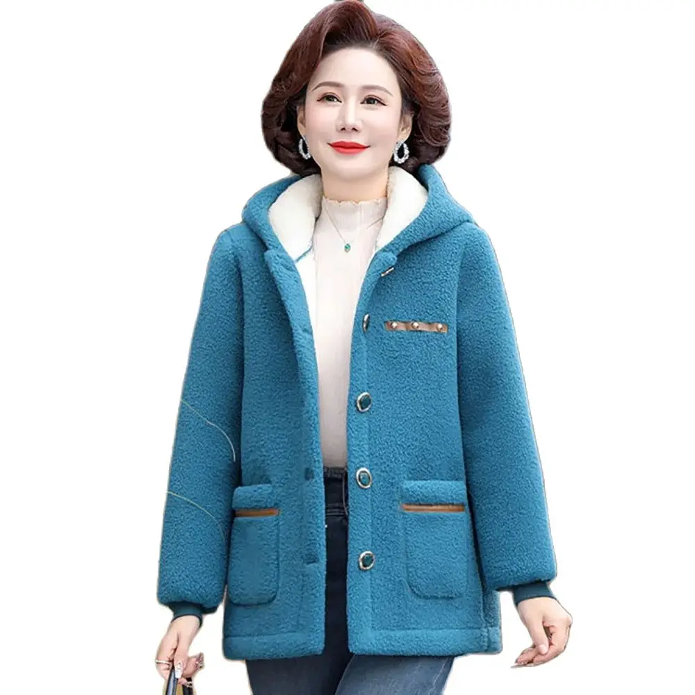 Mom Winter Lamb Cashmere Middle-aged And Elderly New Cotton-padded Clothes Fashion Loose Western-style Particle Coat Women 5XL.