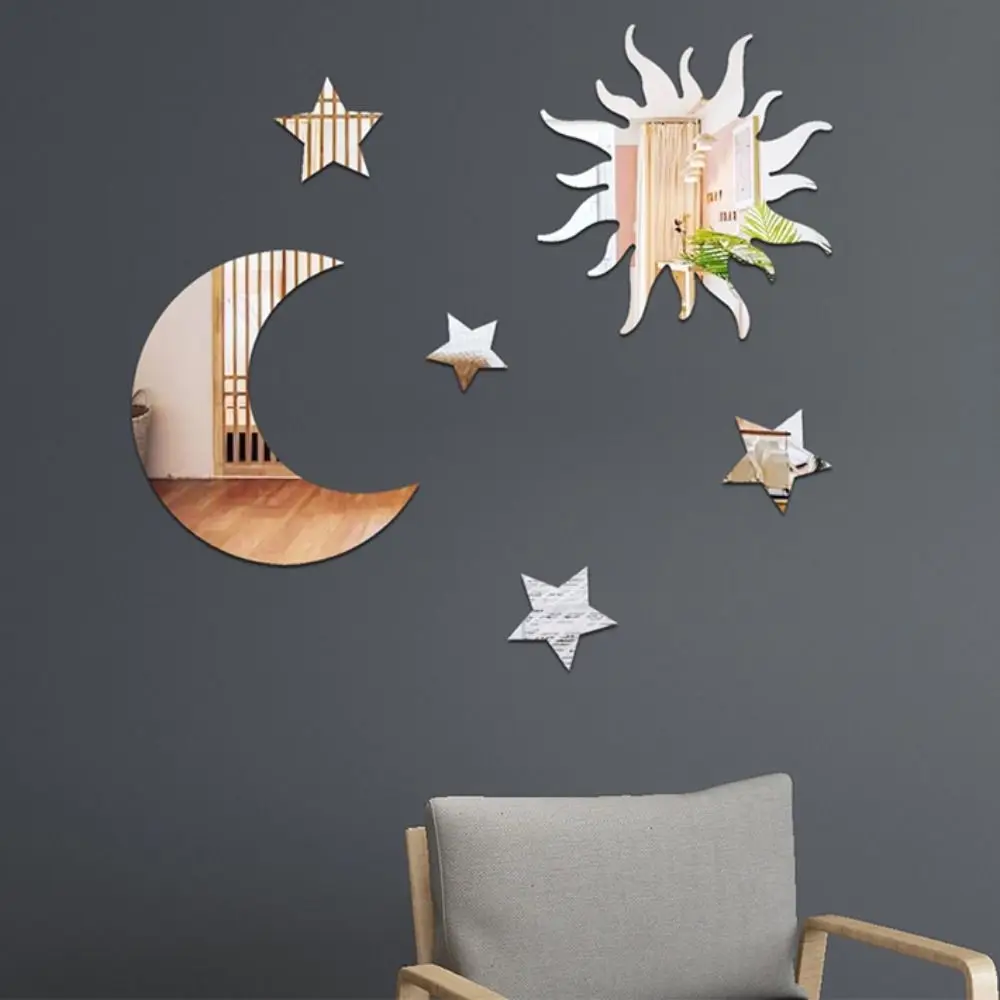 6pcs Star Moon Combination Mirror Wall Sticker Self-adhesive Wallpaper Home Bedroom Living Room Art Mural Decor