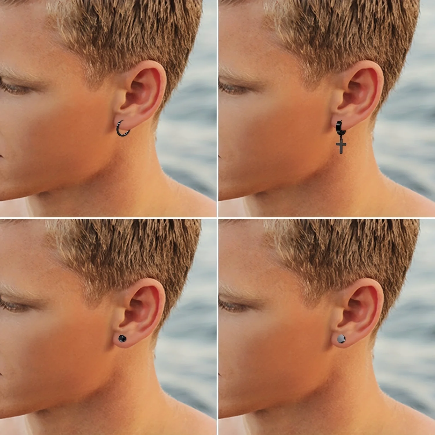 15 Paar Ohrringe Set für Männer Edelstahl Ohrstecker Kreuz baumeln Creolen Set Mode Ohr Piercing Schmuck_voghion.com