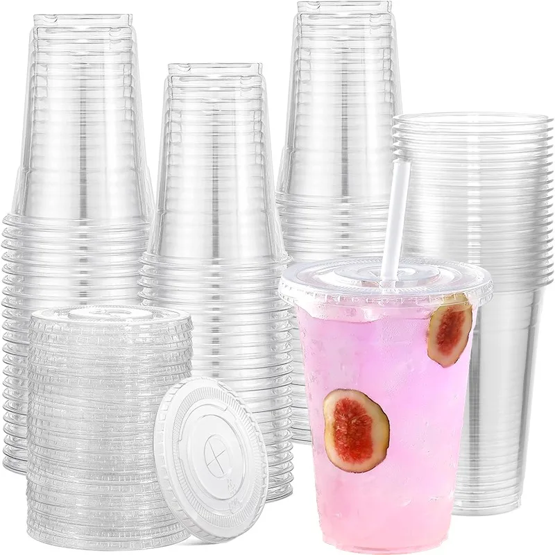 Plastic Cups 50PCS Clear Disposable Plastic Cups Flat Lids Drinking Cup for Party Wedding Ice Coffee Milkshakes Smoothies Cold Drinks