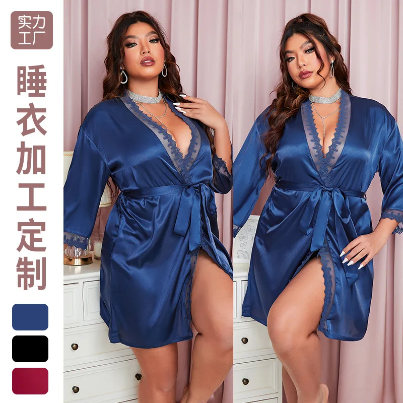 New Large Size Ice Silk Silk Bathrobe Women's Sexy Lace Home Clothes Nightgown Ladies Thin Cardigan Tie Pajamas