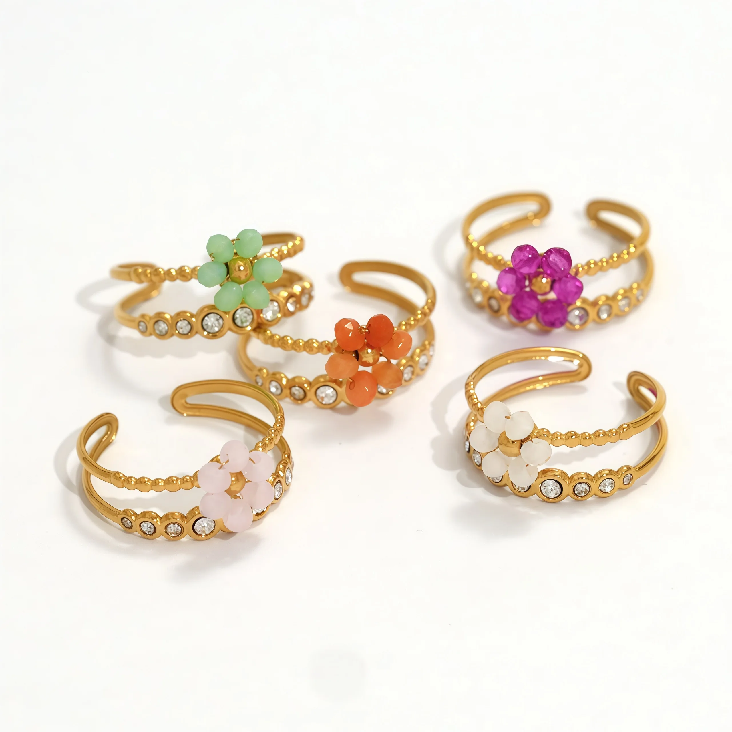 Exquisite bunte Zirkon-Blumen-Design-Edelstahlringe, 18 Karat vergoldet, wasserfester Schmuck für den täglichen Gebrauch, Urlaub am Meer – Detail 9