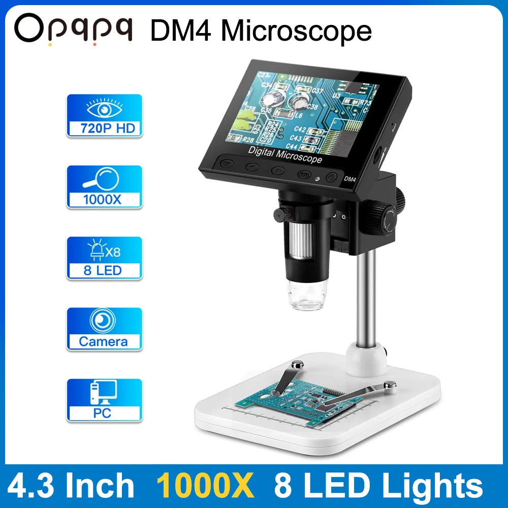 

Цифровой микроскоп Opqpq, 4,3 дюйма, 720P, DM4, 1000X, 2 Мп, USB, Электронные Микроскопы для пайки, Детские уличные биологические науки