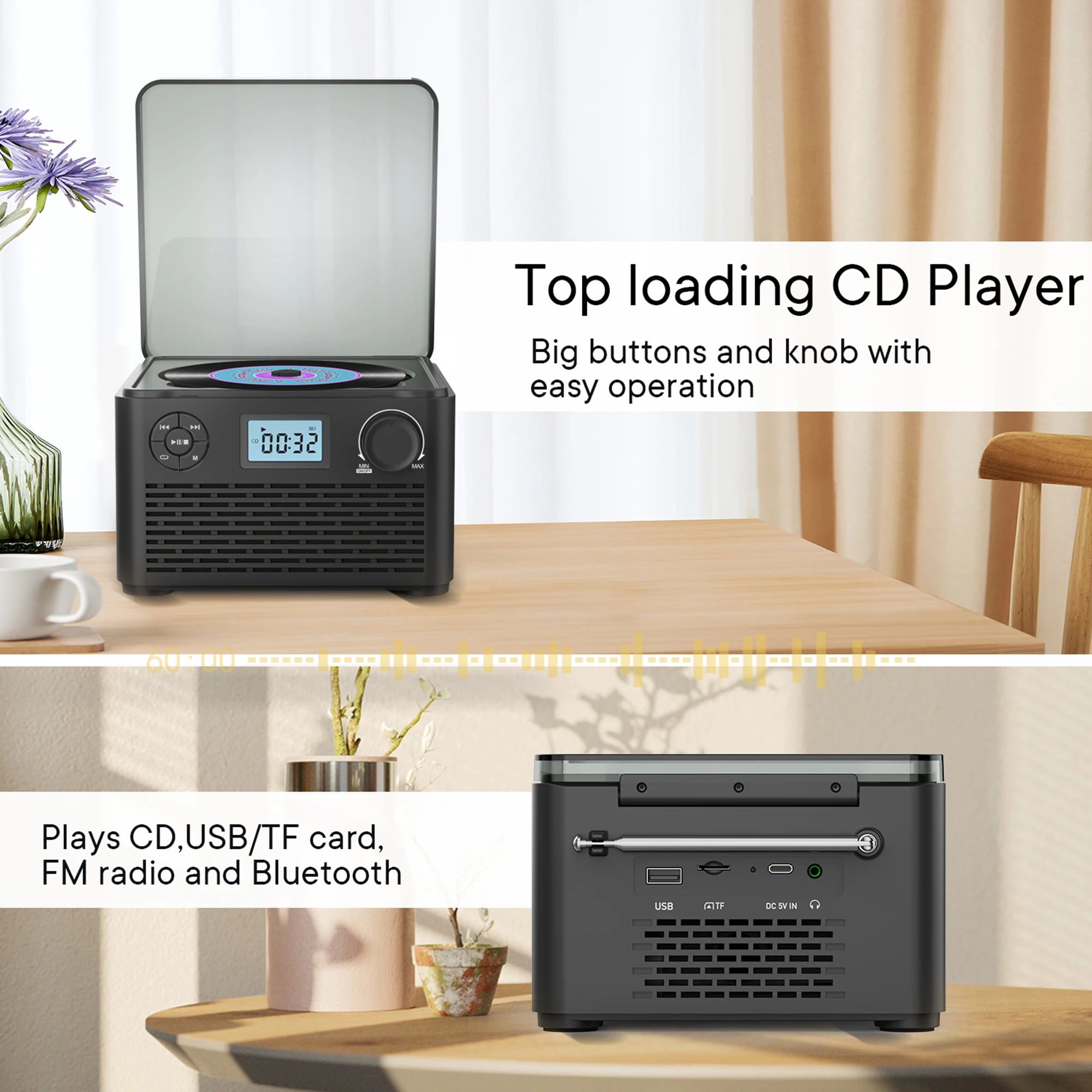 Portable CD Player with Speakers and Bluetooth: Rechargeable CD Boombox with FM Radio-plays CD/MP3 disc/USB/TF - 4