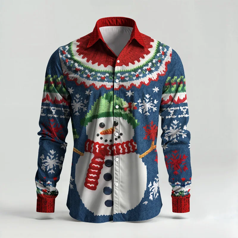 2025 Spring Summer Men Shirt Set Christmas Print Fashion Gingerbread Man Two Piece Set Mens Snowman Lightweight Party Long_viptrois.com