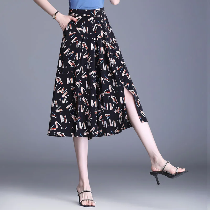 Summer Fashion Women Chiffon Shirt Appear Thin Loose Letter Printing Casual Large Size High Waisted Thin Style Trouser Skirts