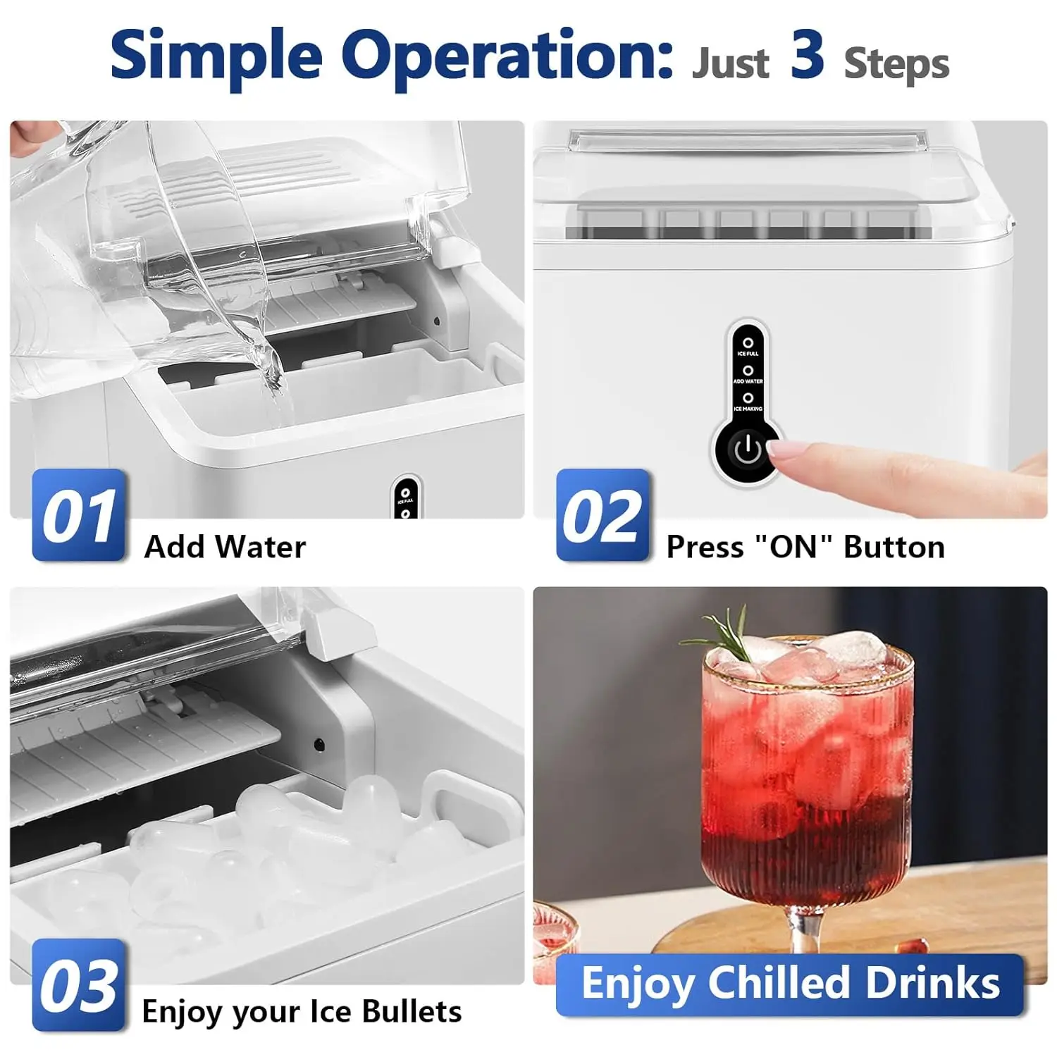 NEW Countertop Ice Maker, 9 Thick Bullet-Shaped Ice Ready in 6-9 Mins, 26.5 Lbs in 24Hrs, Portable Maker Machine White