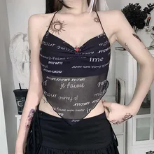 

Tank Top Gothic Retro Women Darkness Fashion Sexy Y2K Low-cut Halter Neck Net Gauze Letter Printed Sling Summer New Tops
