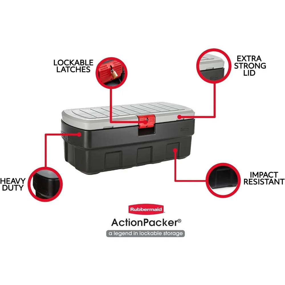 ActionPacker️ 48 Gal Lockable Plastic Storage Bin, Industrial, Rugged Large Container with Lid (Black,gray)