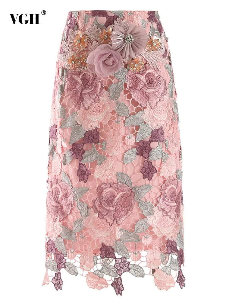 

VGH Patchwork Embroidery Flares Vintage Skirt For Women High Waist Bodycon Slim Hit Color Elegant Skirts Female Fashion Style