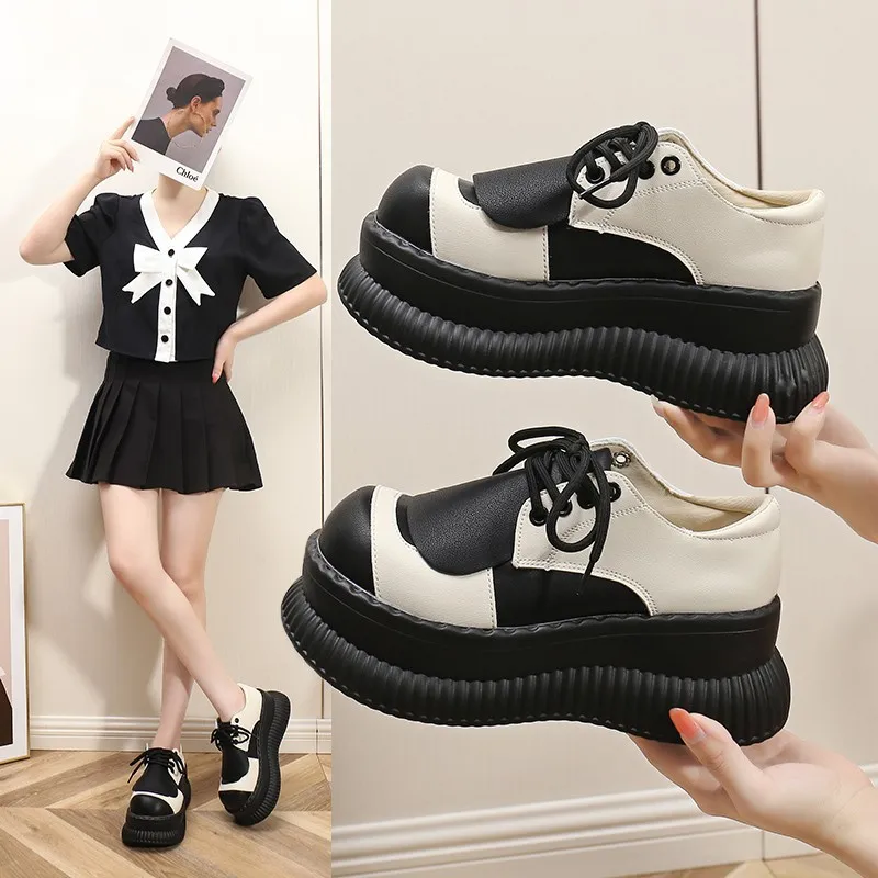 Women's New Autumn Black Mary Jane Thick-soled Non-slip Heightening High Heels Round Toe Lace-up Women's Fashion Casual Shoes