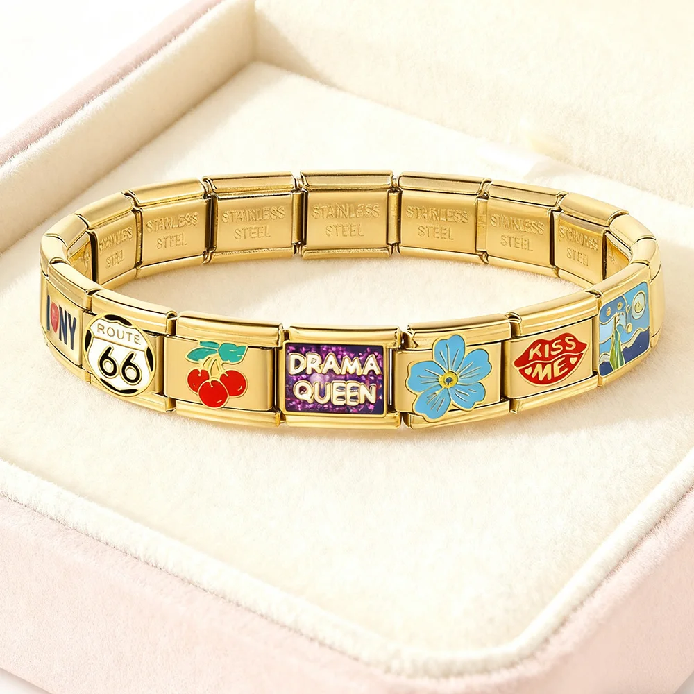 Design Gold Farbe Italienische Charm Link Fit 9mm Edelstahl Süße Route Geschirr Fußball Algen Armband Herstellung Von Schmuck DIY – Detail 2