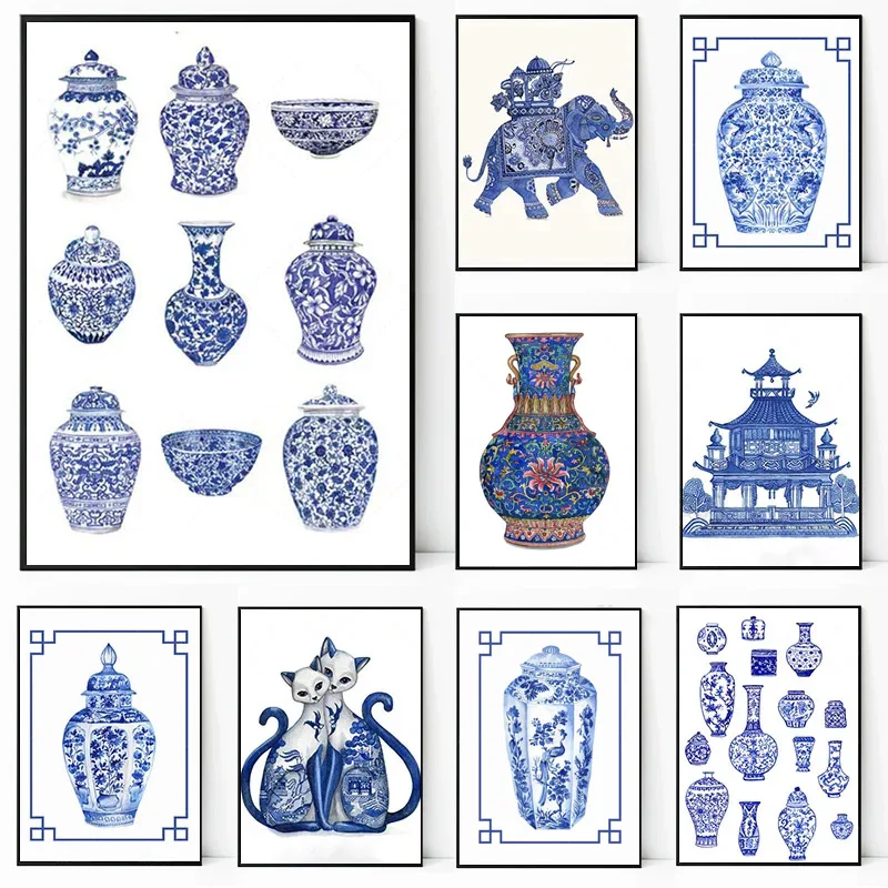 

Blue and White Watercolor Chinese Style Ginger Jar Vase Print Ming Porcelain Canvas Painting Oriental Art Poster Room Home Decor