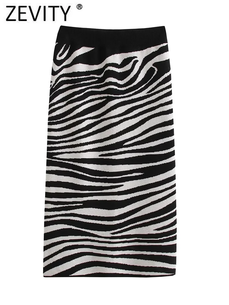 Zevity Women Vintage Zebra Striped Print Elastic Knitting Split Midi