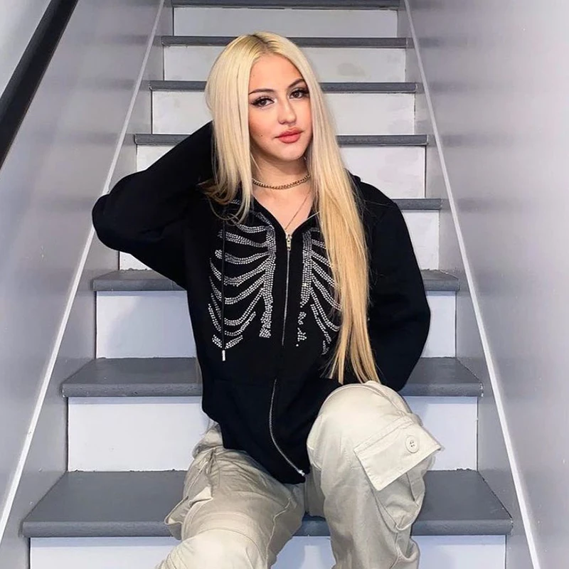 Rhinestone Skeleton Zip Up Oversized Sweatshirts Y2K Tops 2023 Autumn Retro Goth Hoodies Women Grunge Hooded Jacket Streetwear