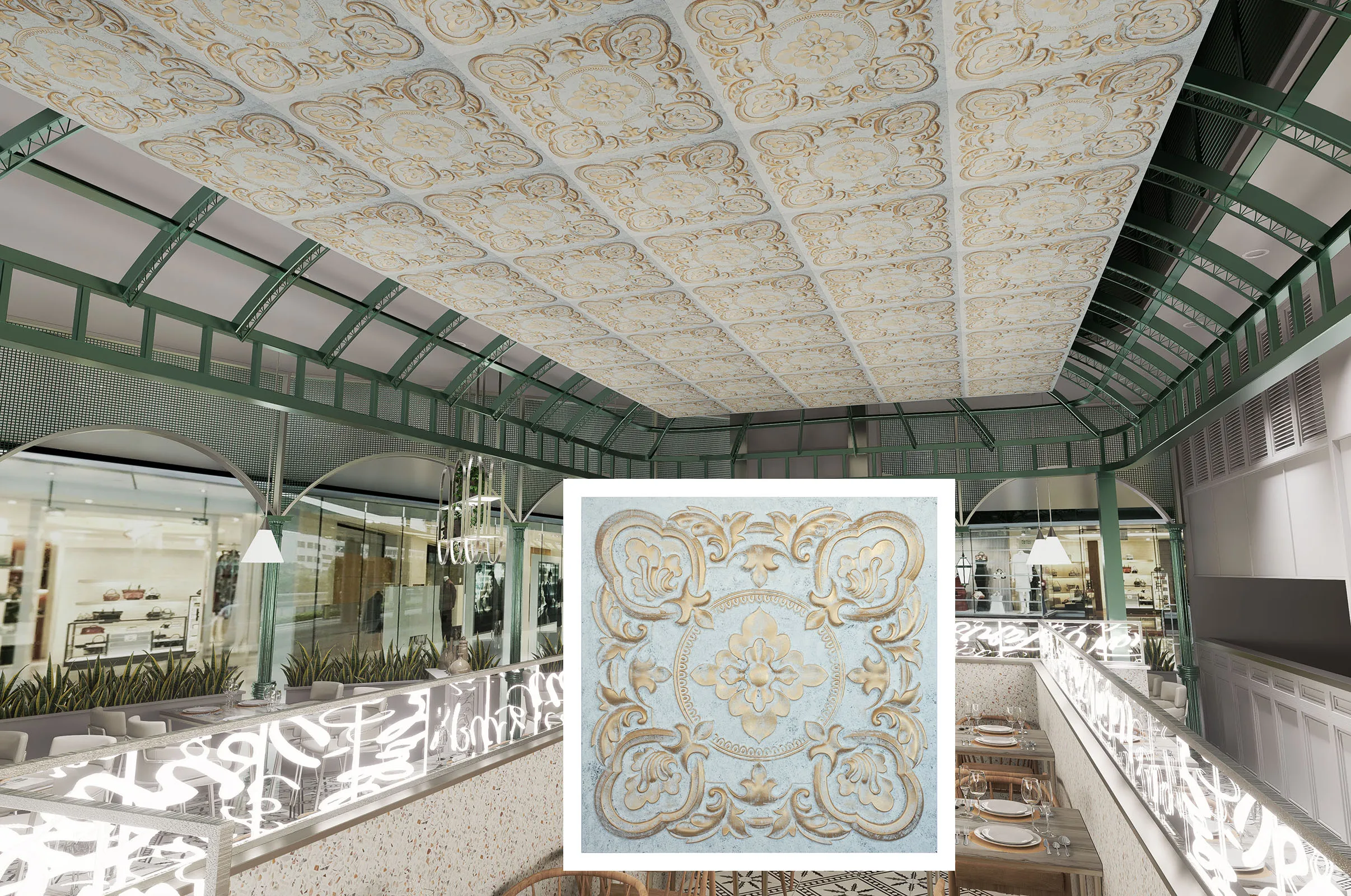 Azulejos de techo para cafetería, pub, restaurante, paneles de techo, PL30,  oro blanco envejecido, 10 piezas - AliExpress, image size:2413x1600