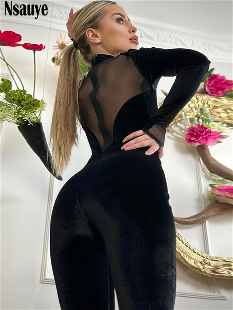 Nsauye-Velvet Malha Patchwork Bodycon Macacão, Monocromático, Preto,