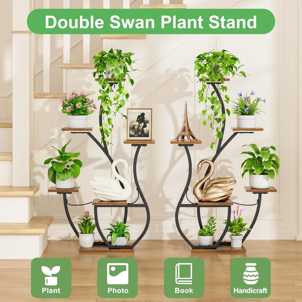 2 Pack Indoor Plant Stand with Grow Lights, Swan-Shaped Metal Flower Display Rack, 6 Tiered Corner Plant Stand 6