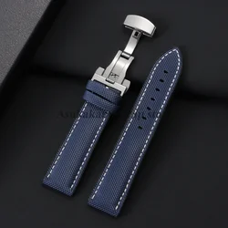 Carbon Fiber Nylon Silicone Watch Strap with Diving Butterfly Buckle Bracelet - 22mm (Blue White - Silver)