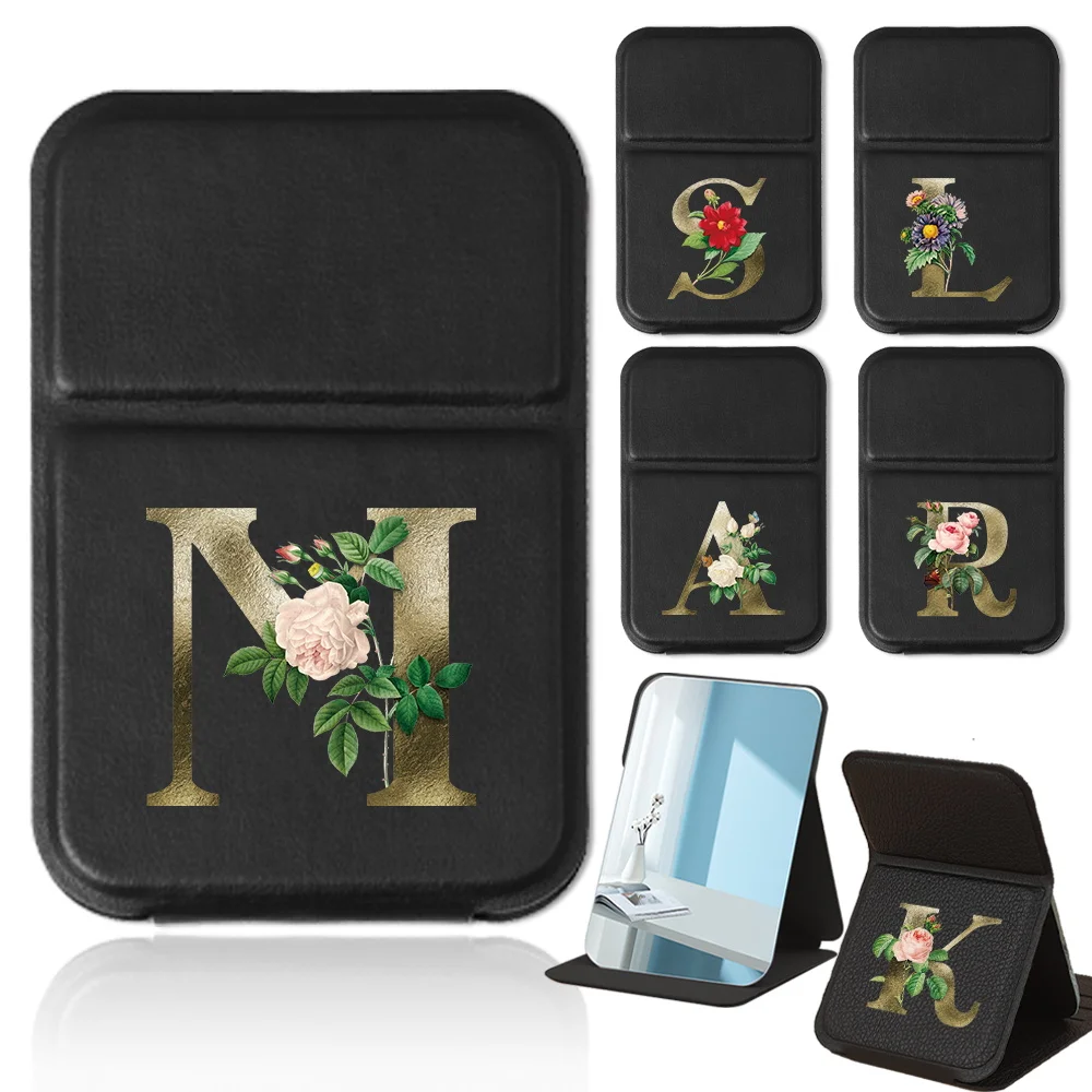 Women Pu Cosmetic Mirror Desktop Makeup Mirror Adjustable And Portable Folding Cosmetic Tool Golden Flower Letter Pattern