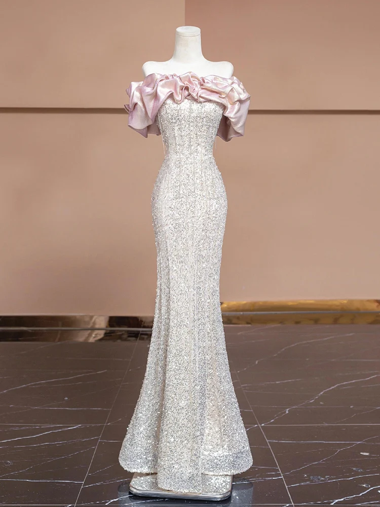 فستان سهرة أنيق بكتف واحد وذيل السمكة لحفلات الزفا...