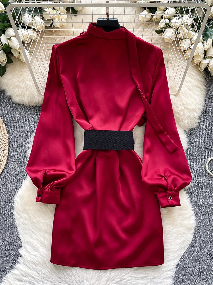 Autunno sexy scollo a V maniche lunghe cintura abito attillato