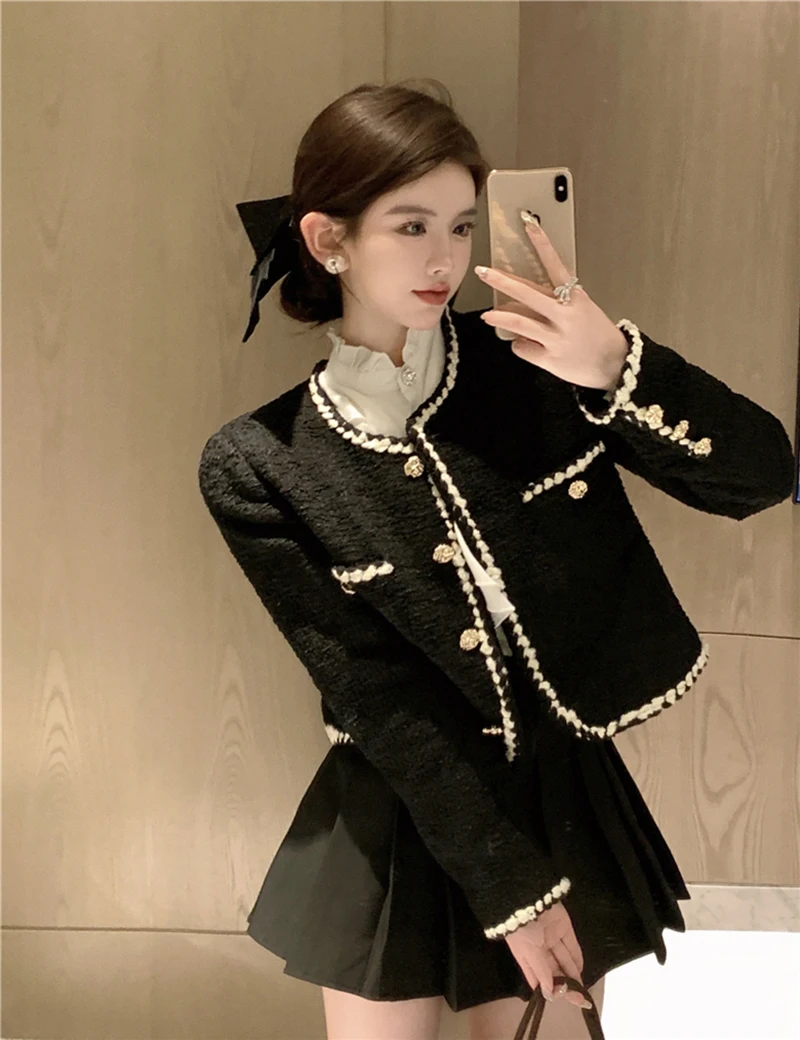 Vintage Tweed Jackets Women Elegant Black Cropped Suit Coat Korean Thicken Blazer Single Breasted Short Outerwear Tops New