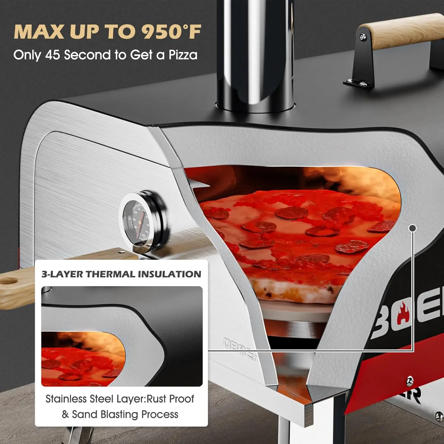 Pizza Oven Outdoor,Multi-Fuel Rotatable Pizza Ovens,Portable Wood Fired and Gas Pizza Oven,Stainless Steel 3-Layer Oven,Pizza Ma 4